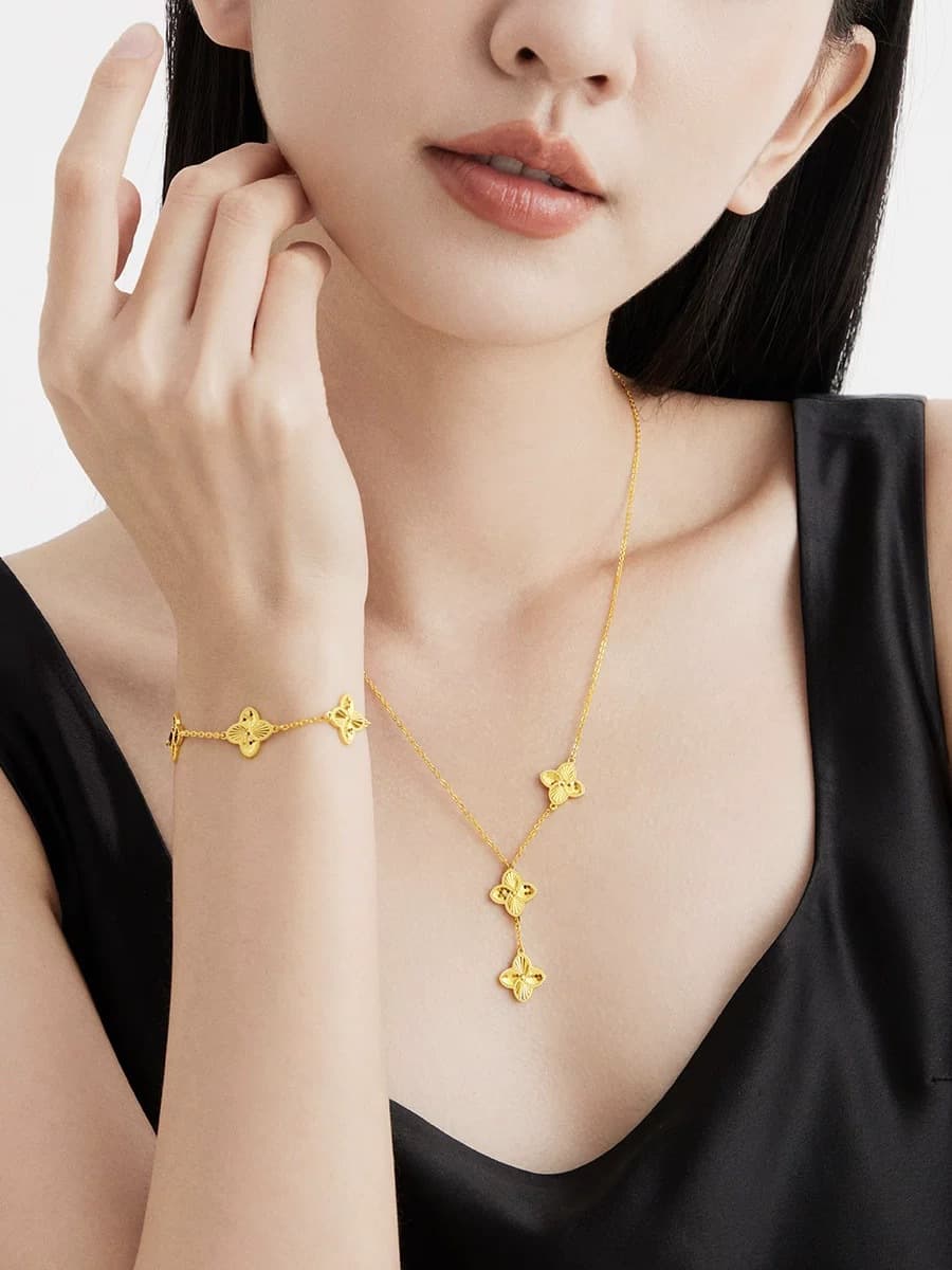 ゴールドアクセサリー クローバーモチーフネックレス＆ブレスレットセット