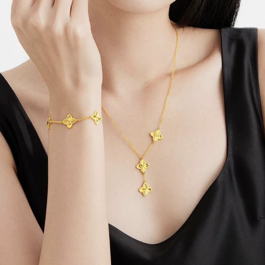 ゴールドアクセサリー クローバーモチーフネックレス＆ブレスレットセット