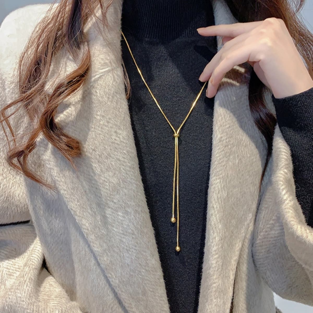 ゴールドネックレス スライド調節可能 三連パール ロングネックレス