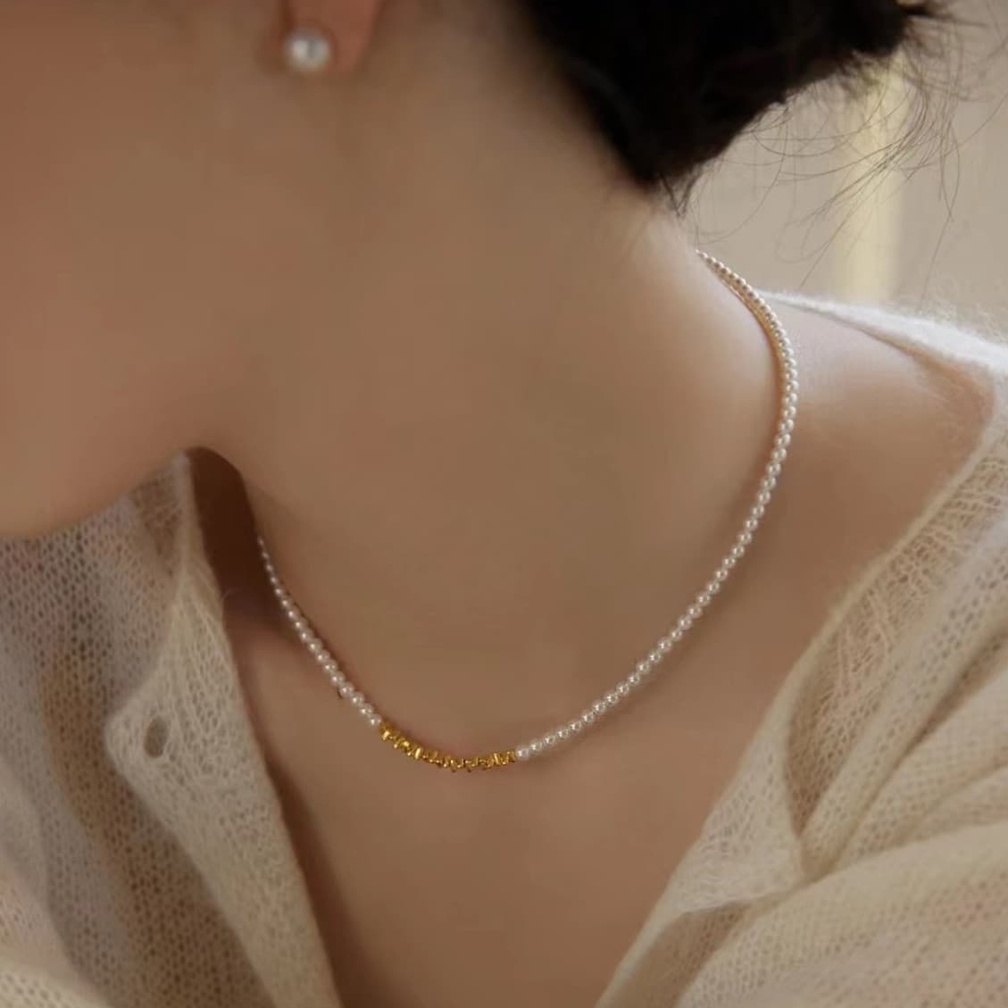 ゴールドアクセサリー 上品パール×ミニメタル ネックレス